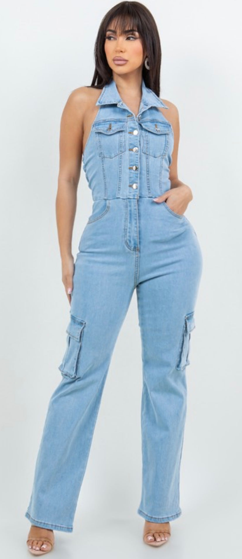 BEBE DENIM JUMPSUIT-LIGHT BLUE