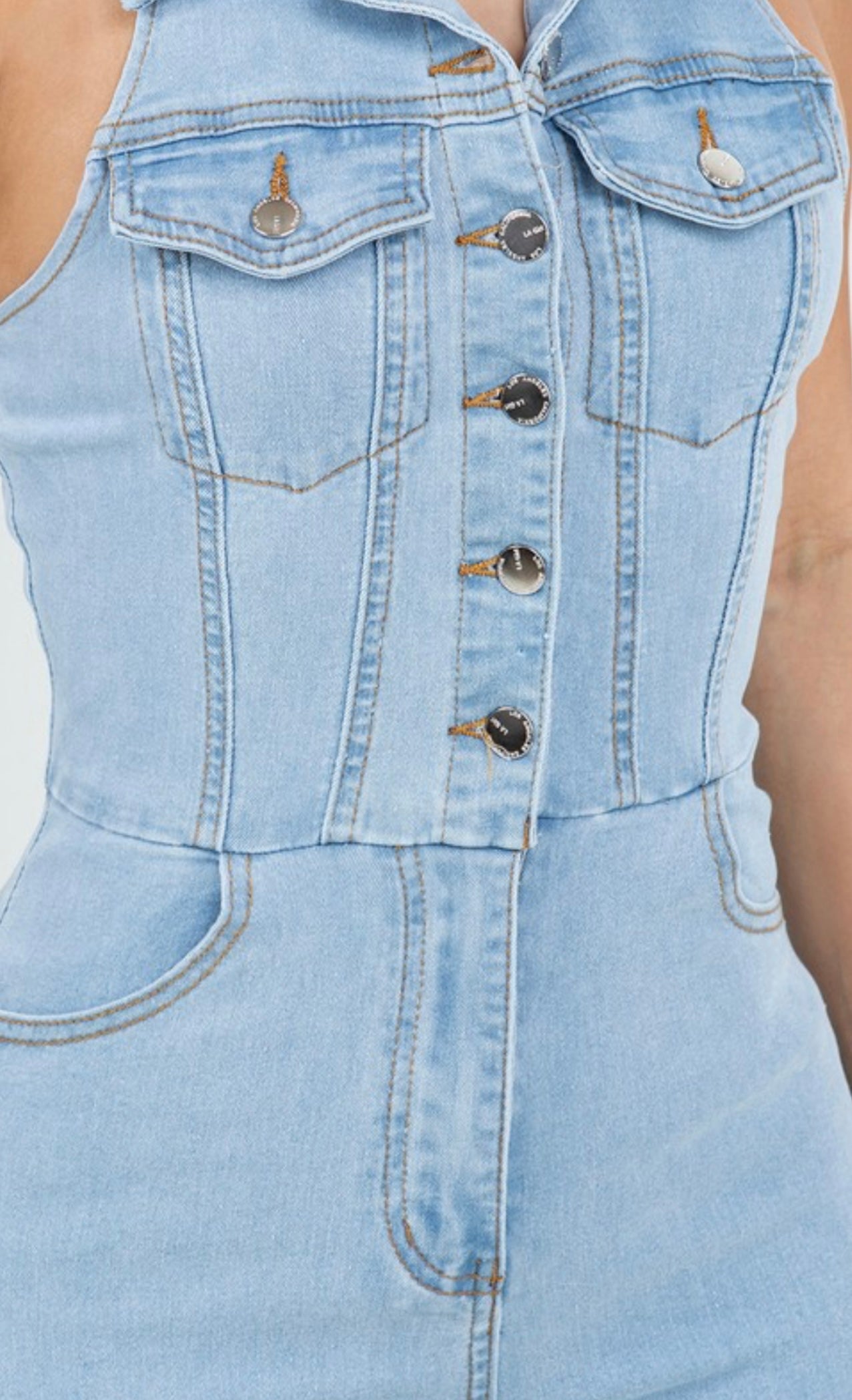 BEBE DENIM JUMPSUIT-LIGHT BLUE