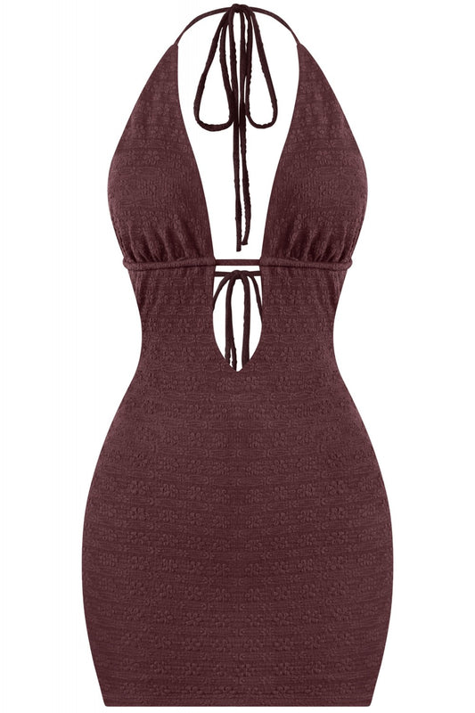 IBIZA HALTER MINI DRESS-BROWN