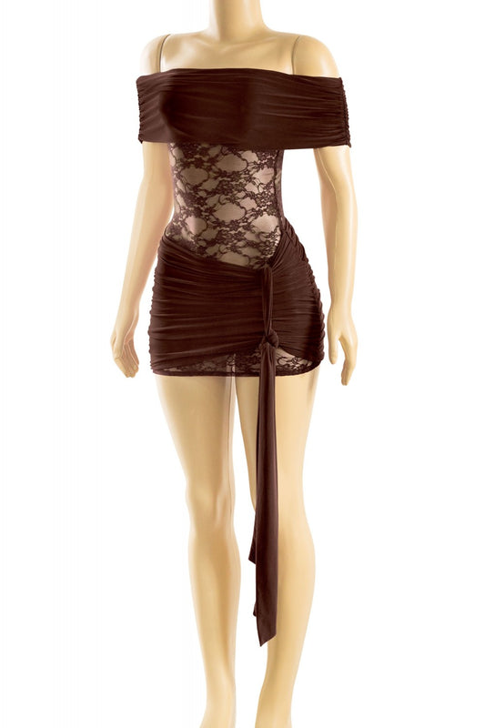 GRISELDA LACE MINI DRESS-BROWN