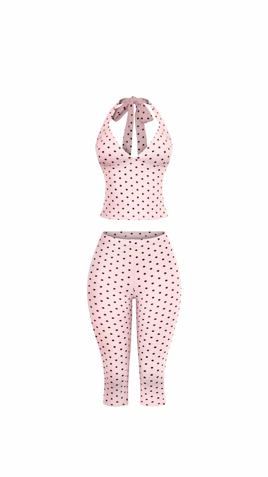 ROSÉ HOUR SET-PINK/BROWN POLKA DOTS
