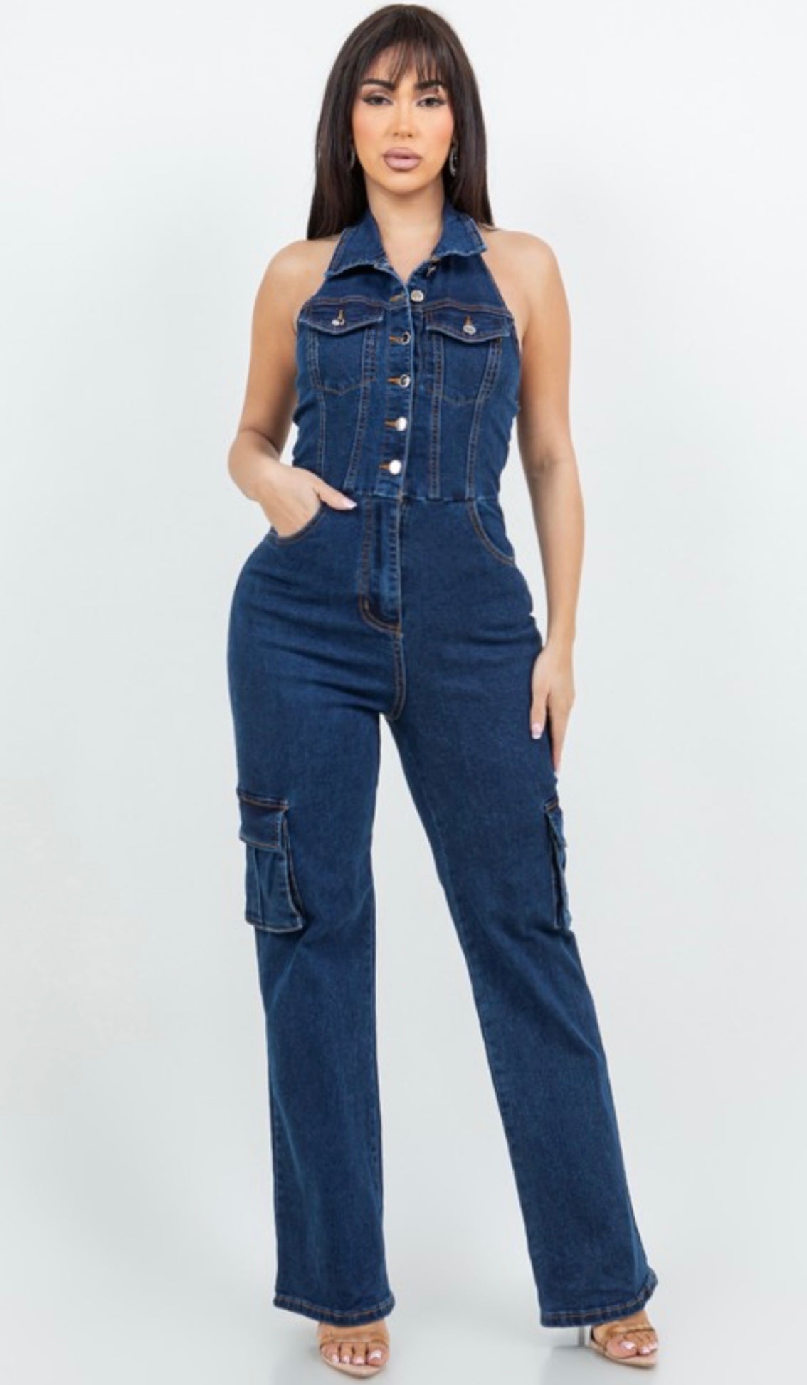 BEBE DENIM JUMPSUIT-DARK BLUE