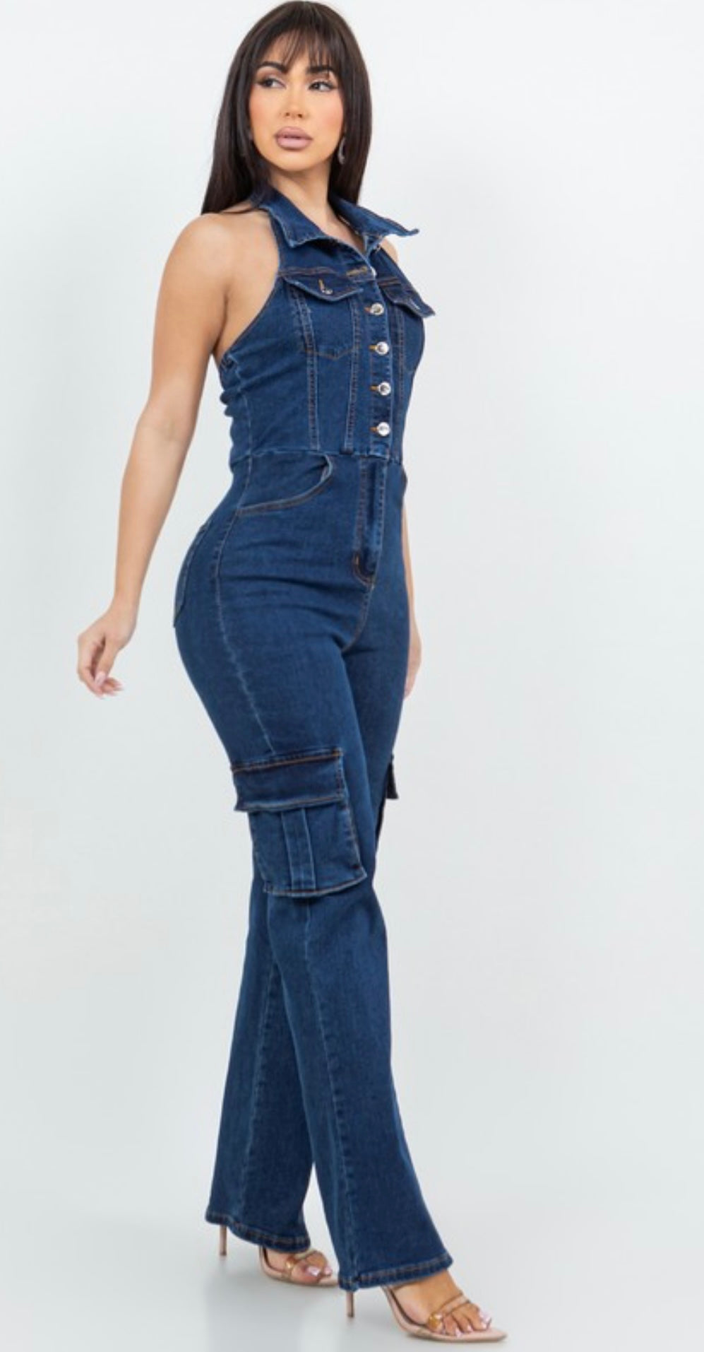 BEBE DENIM JUMPSUIT-DARK BLUE