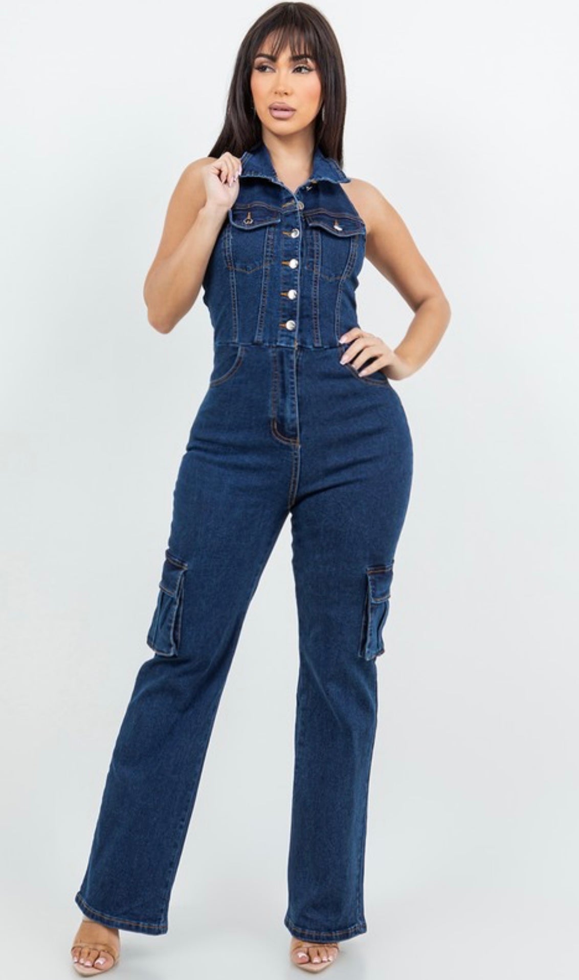 BEBE DENIM JUMPSUIT-DARK BLUE