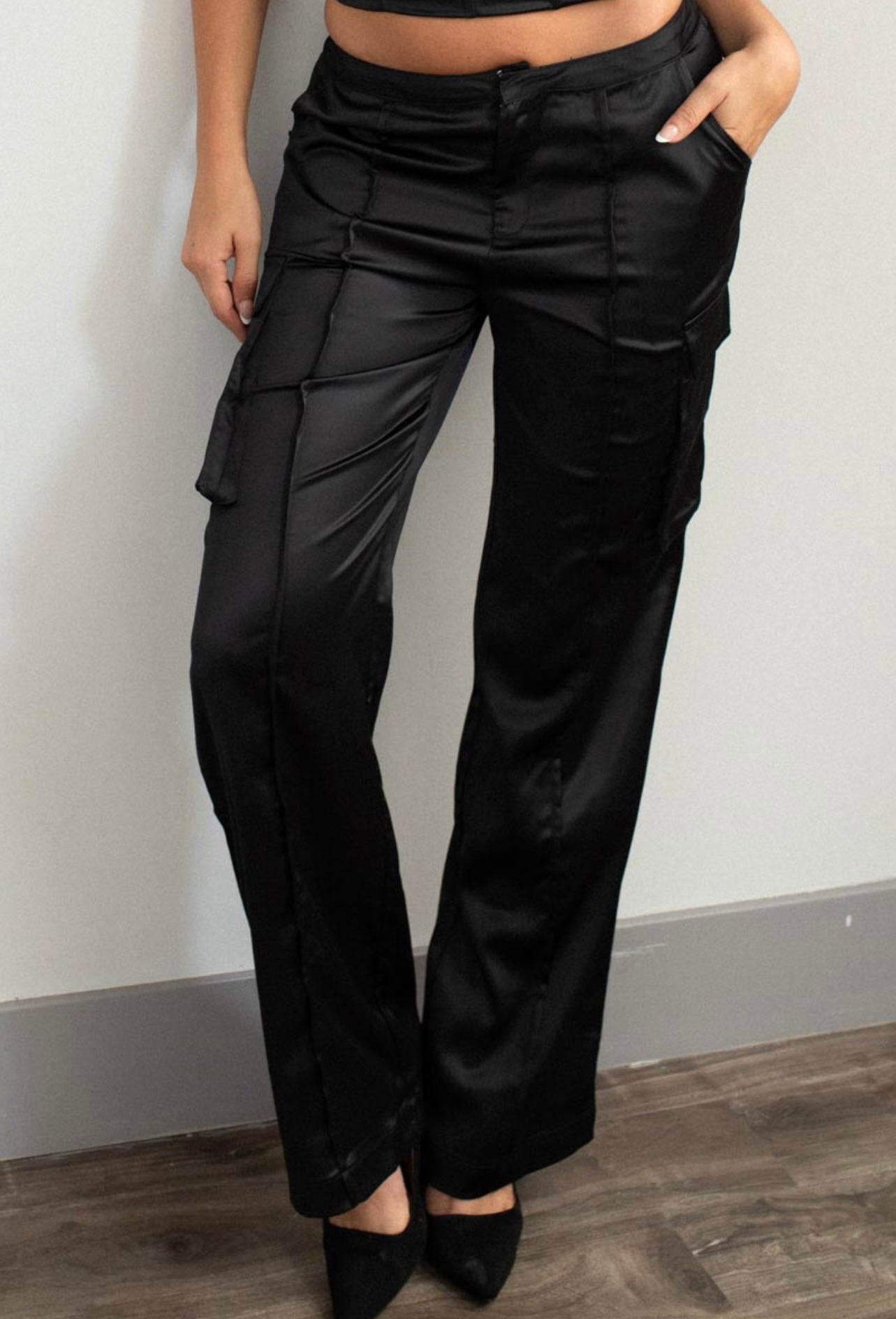 Black Satin Straight Leg Cargos