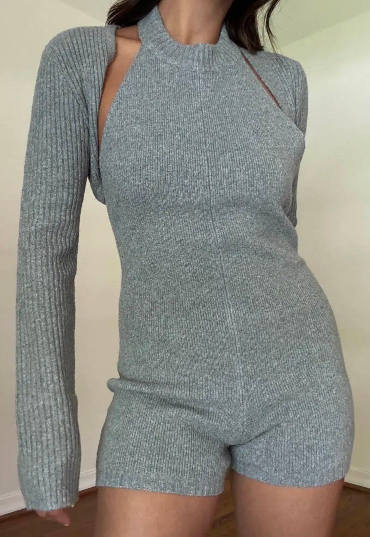 LUCKY HALTER KNIT ROMPER-GREY